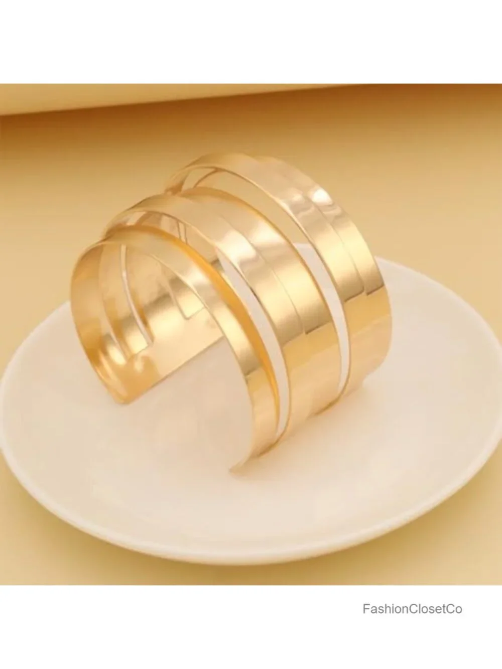 14K Gold Plated Wide Cuff Bangle, Adjustable Open Geometric Bracelet